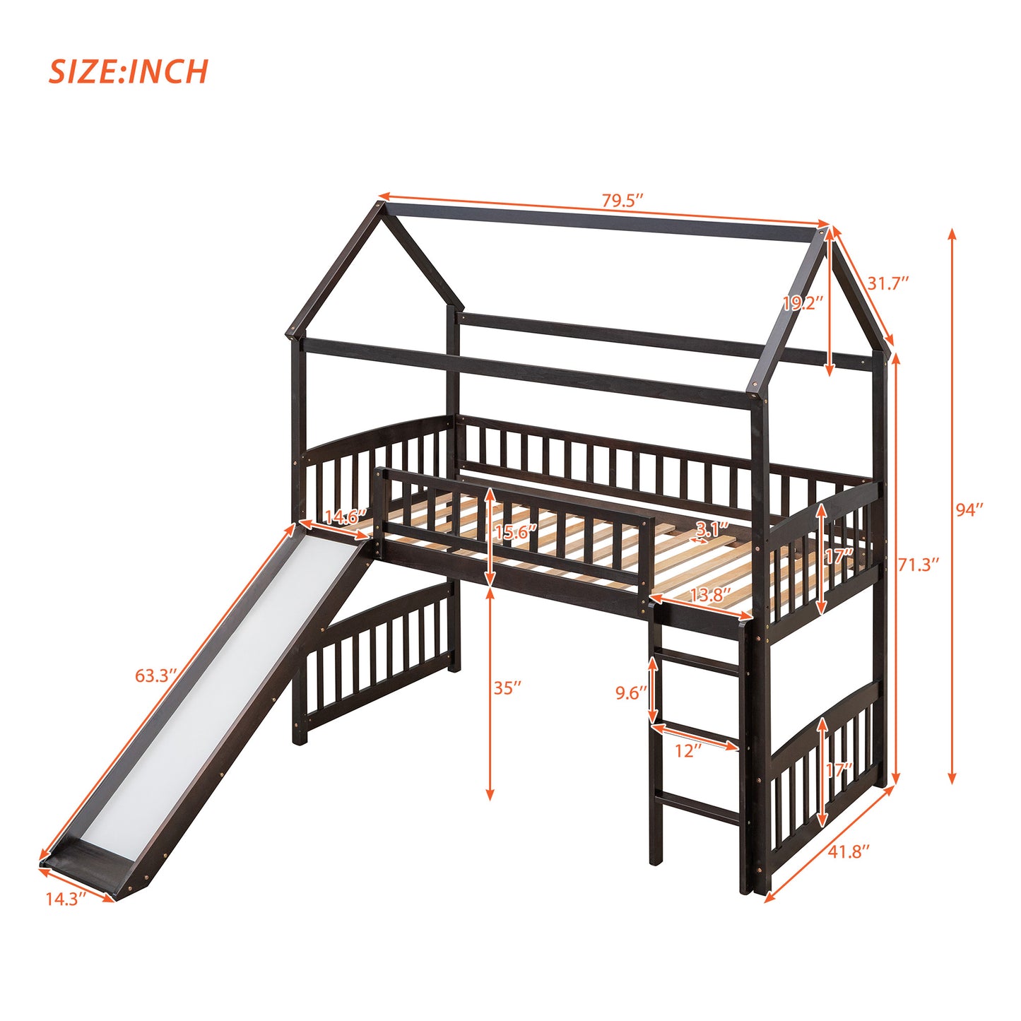 Dark brown wooden house loft bed with slide for kids