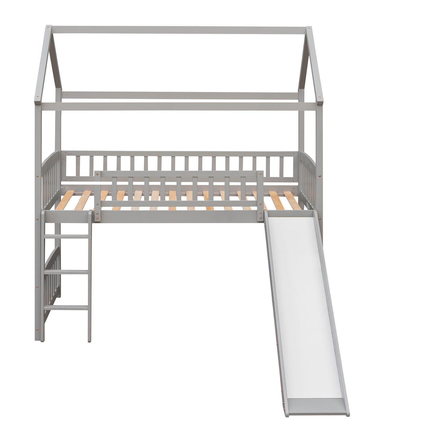 Gray wooden house loft bed with slide and ladder