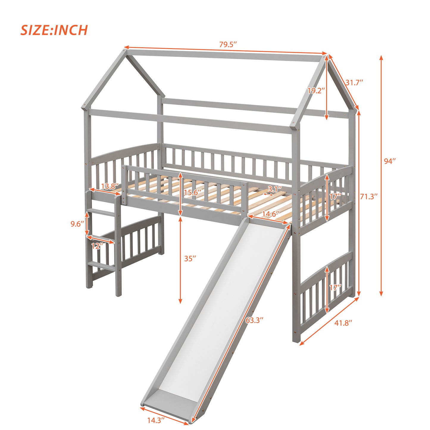 Gray wooden house bed with slide and ladder
