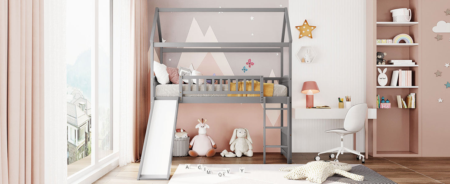 Grey wooden house loft bed with slide for kids room