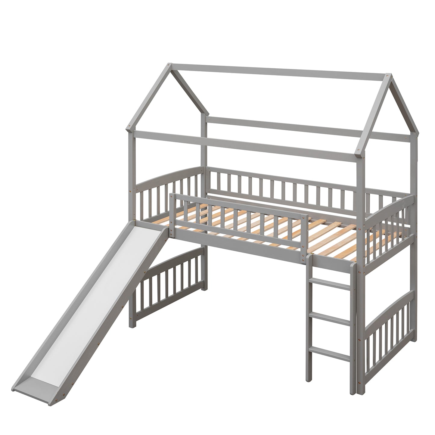 Gray wooden house loft bed with slide for kids