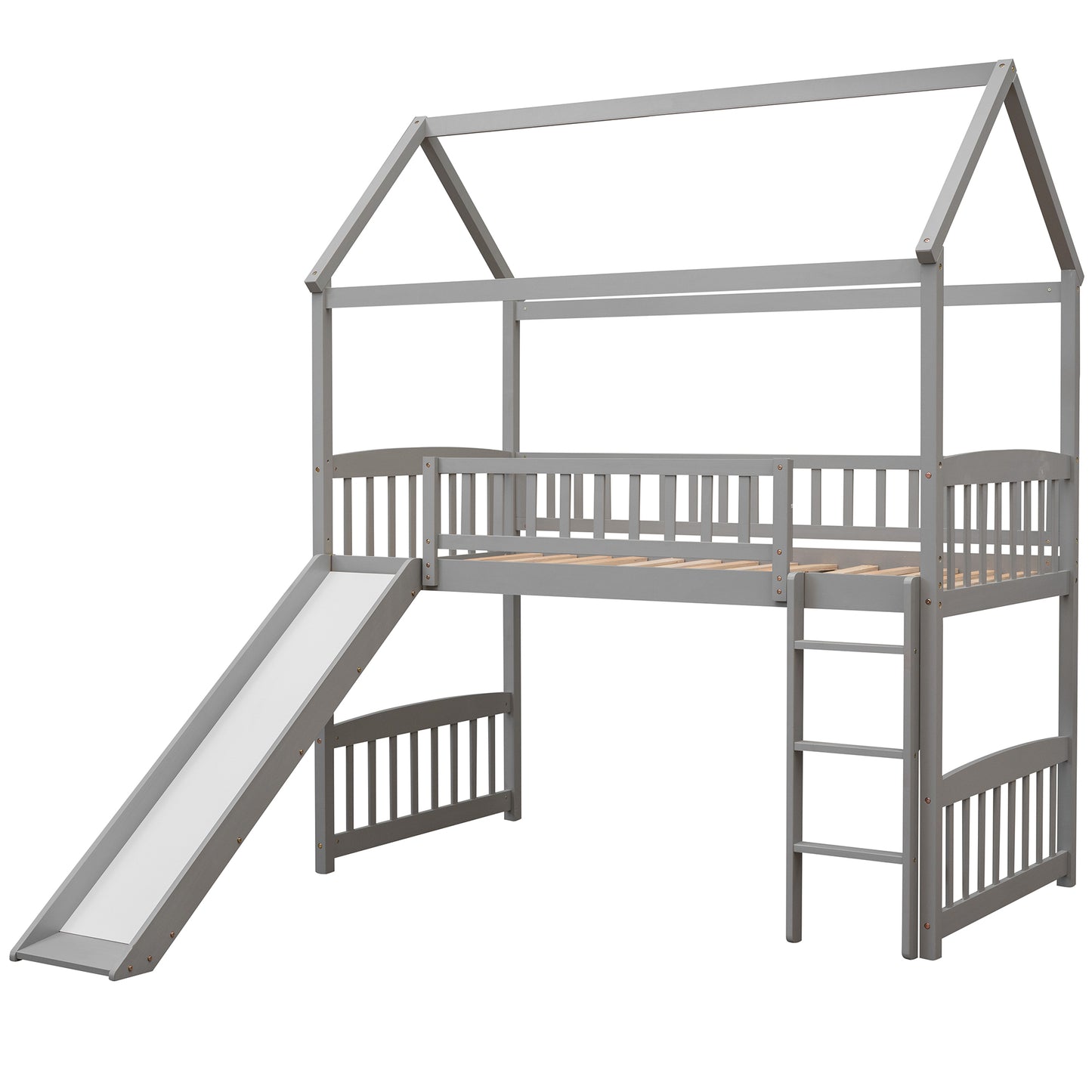 Gray wooden house loft bed with slide