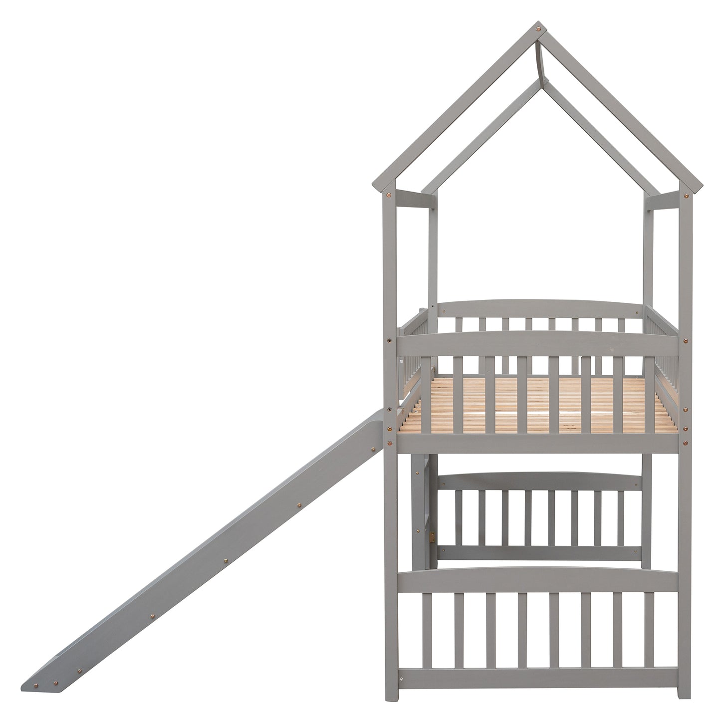 Gray wooden houseshaped bunk bed with a slide and safety rails