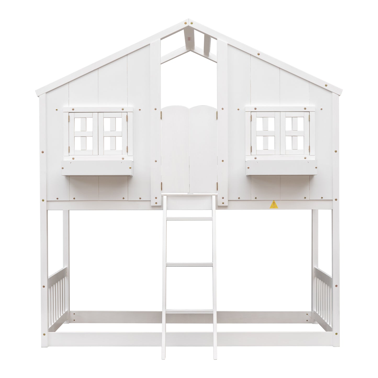 White wooden houseshaped bunk bed with ladder and windows