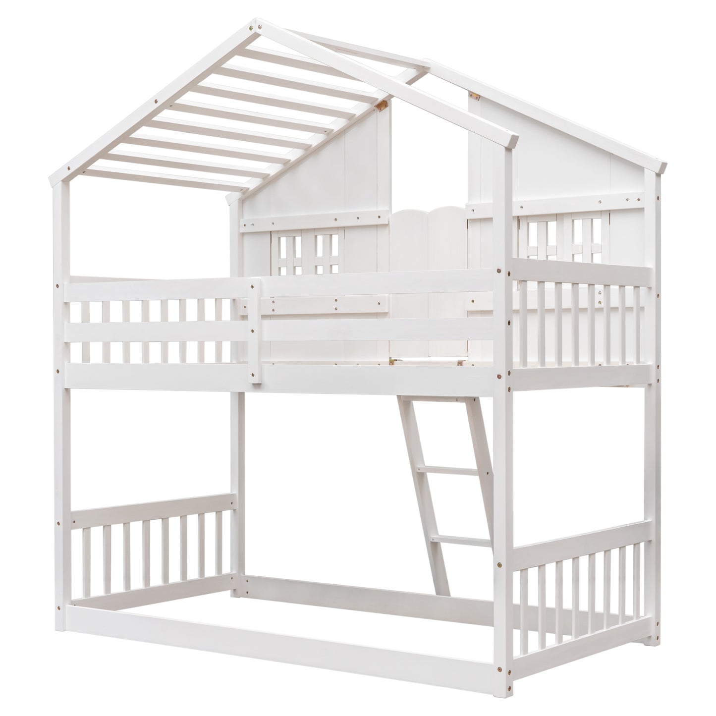 White wooden twin over twin bunk bed with houseshaped roof frame