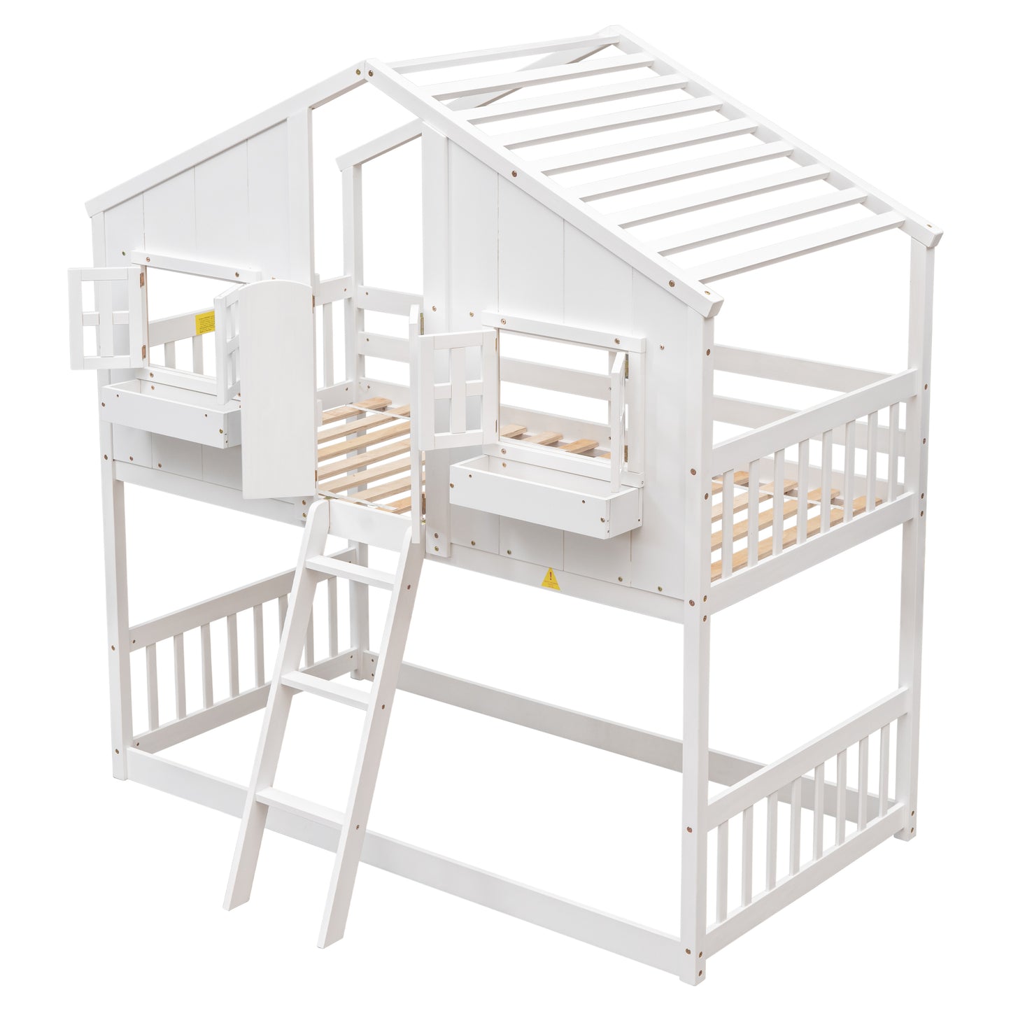 White wooden twin over twin bunk bed with houseshaped frame and ladder