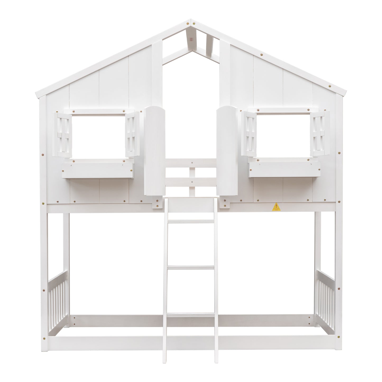 White wooden twin over twin bunk bed with house frame and ladder