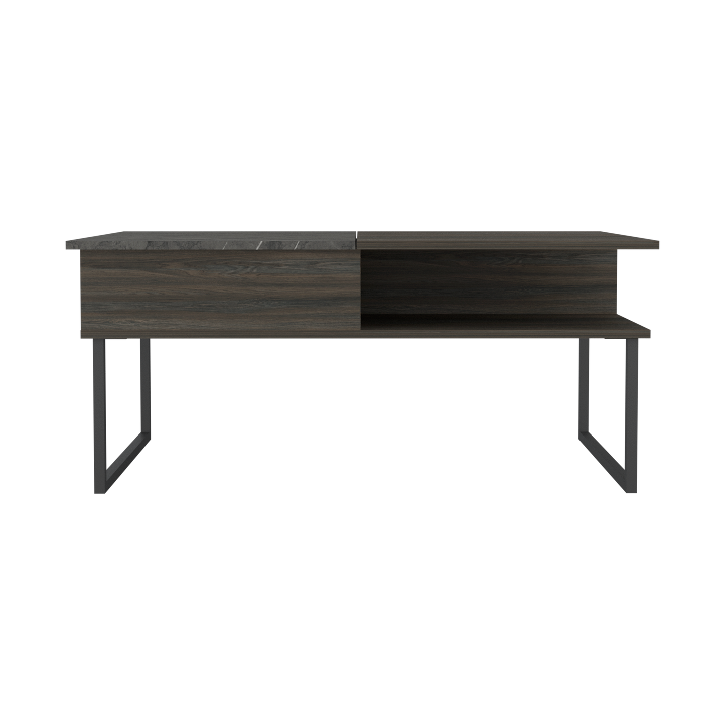 Dark wood media console with two drawers and open shelving