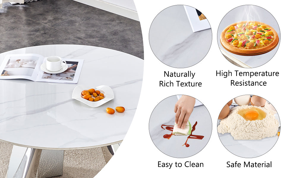 White round marble coffee table with magazine and snack
