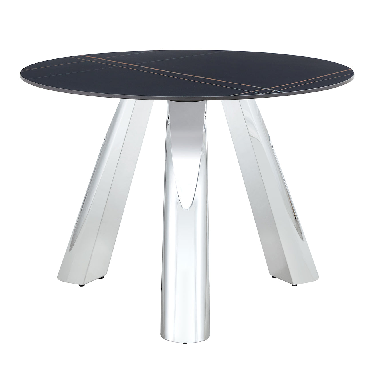 Round black marble dining table with gold veining and chrome legs
