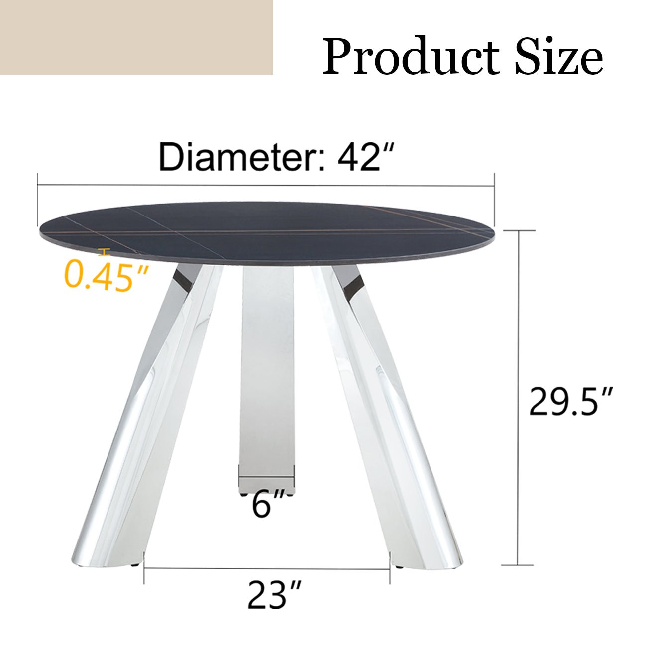 Round dining table with polished chrome legs and dark tabletop