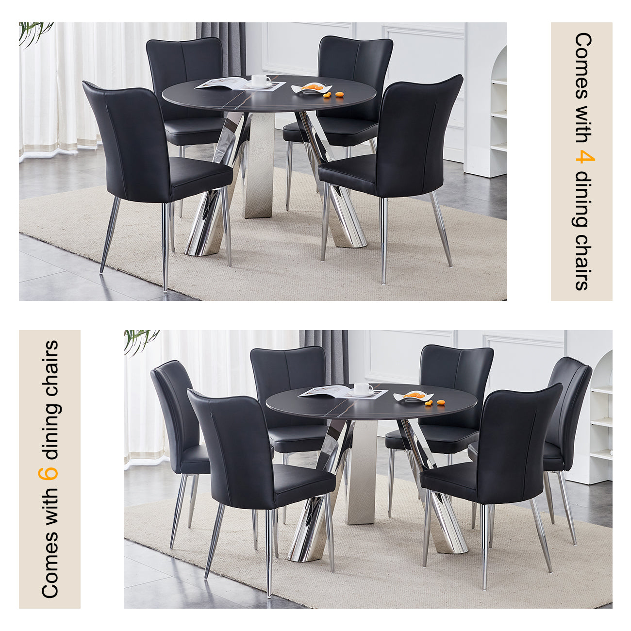 Round black dining table with chrome pedestal base and four black faux leather chairs