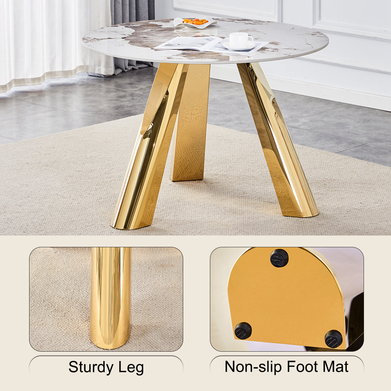 Round marble top dining table with polished gold metal legs