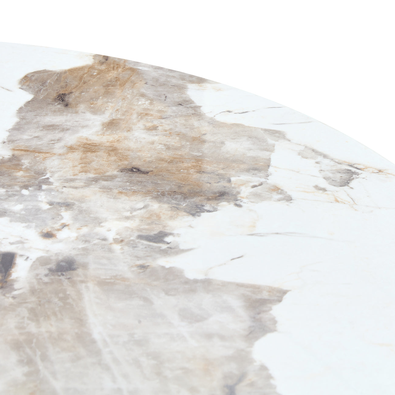 Closeup of a white marble tabletop with prominent brown and gray veining