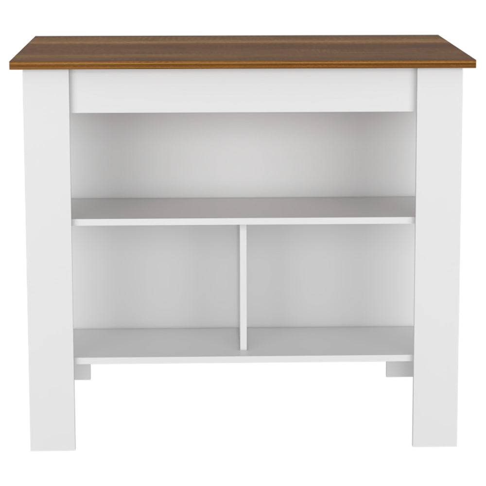 White entryway console with walnut top and open shelving