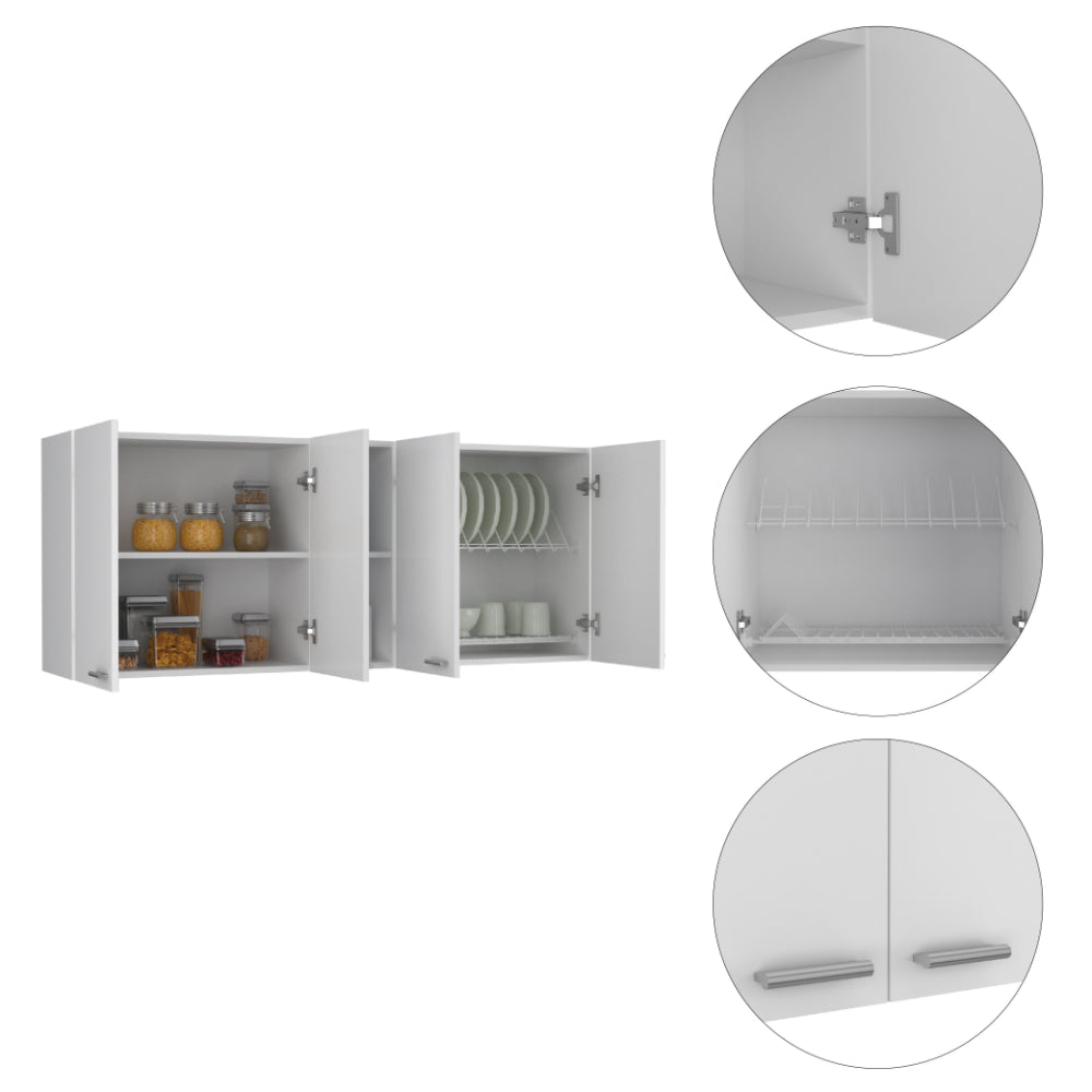 White modern kitchen wall cabinet with open doors showing food jars