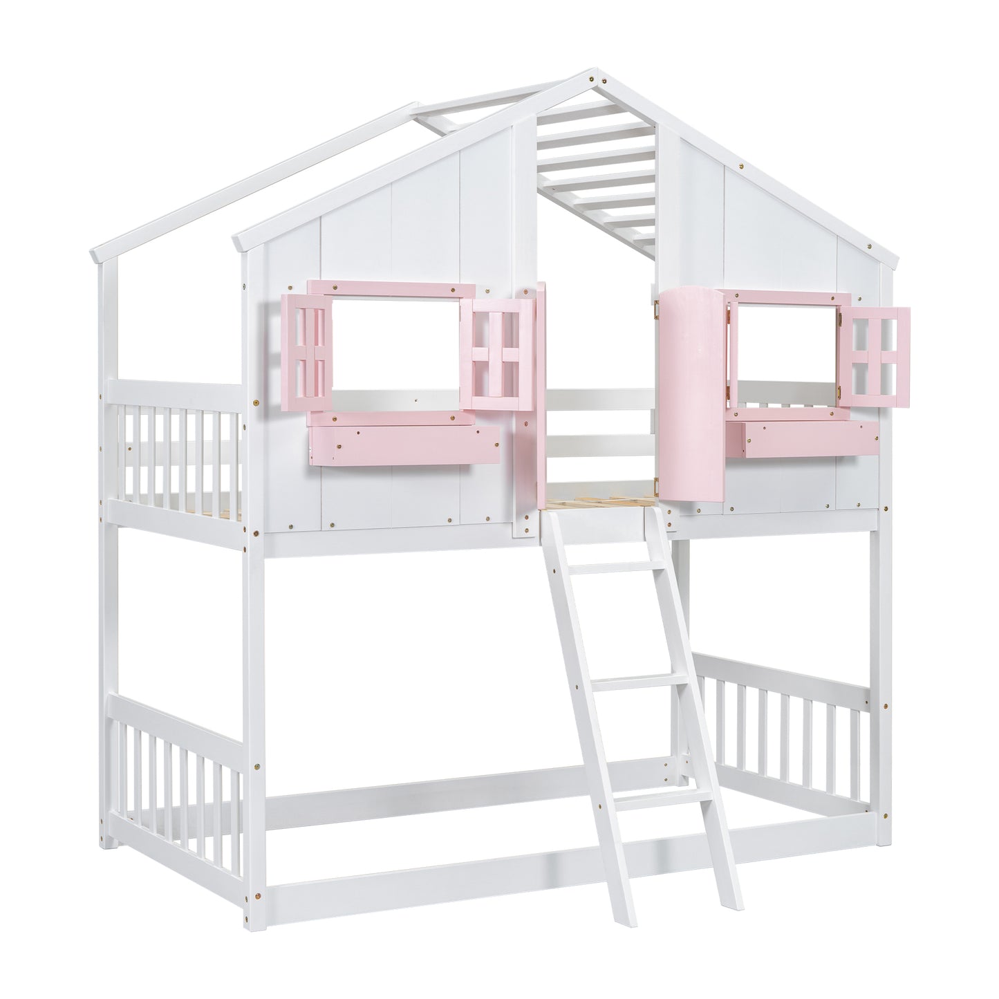 White wooden house bunk bed with pink accents