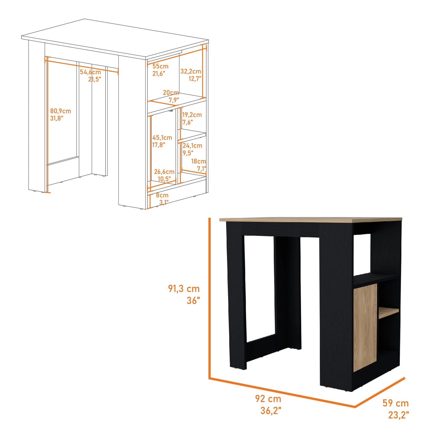 Black and natural wood bar table with integrated shelves and measurements
