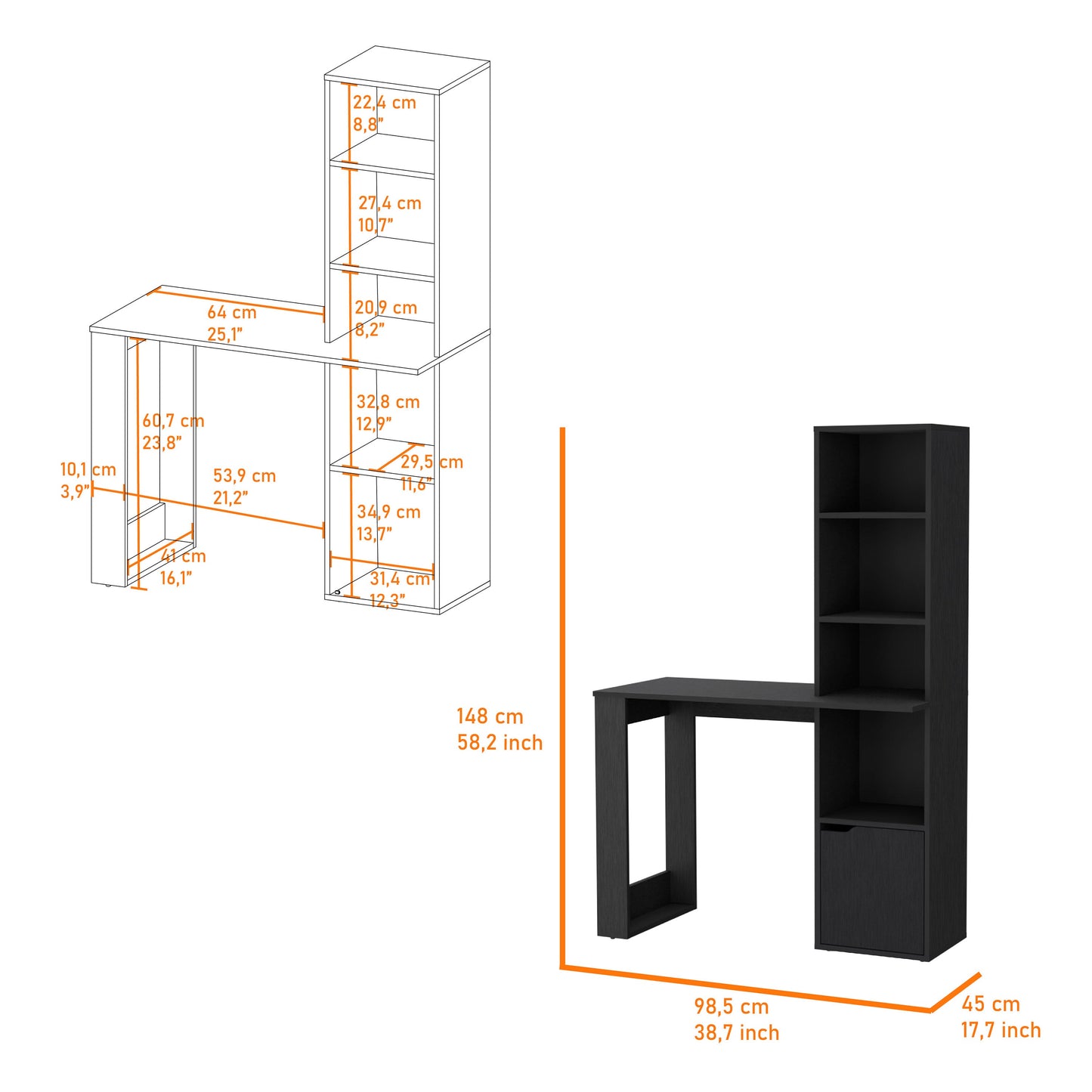 Black Lshaped desk with integrated shelving unit and drawer