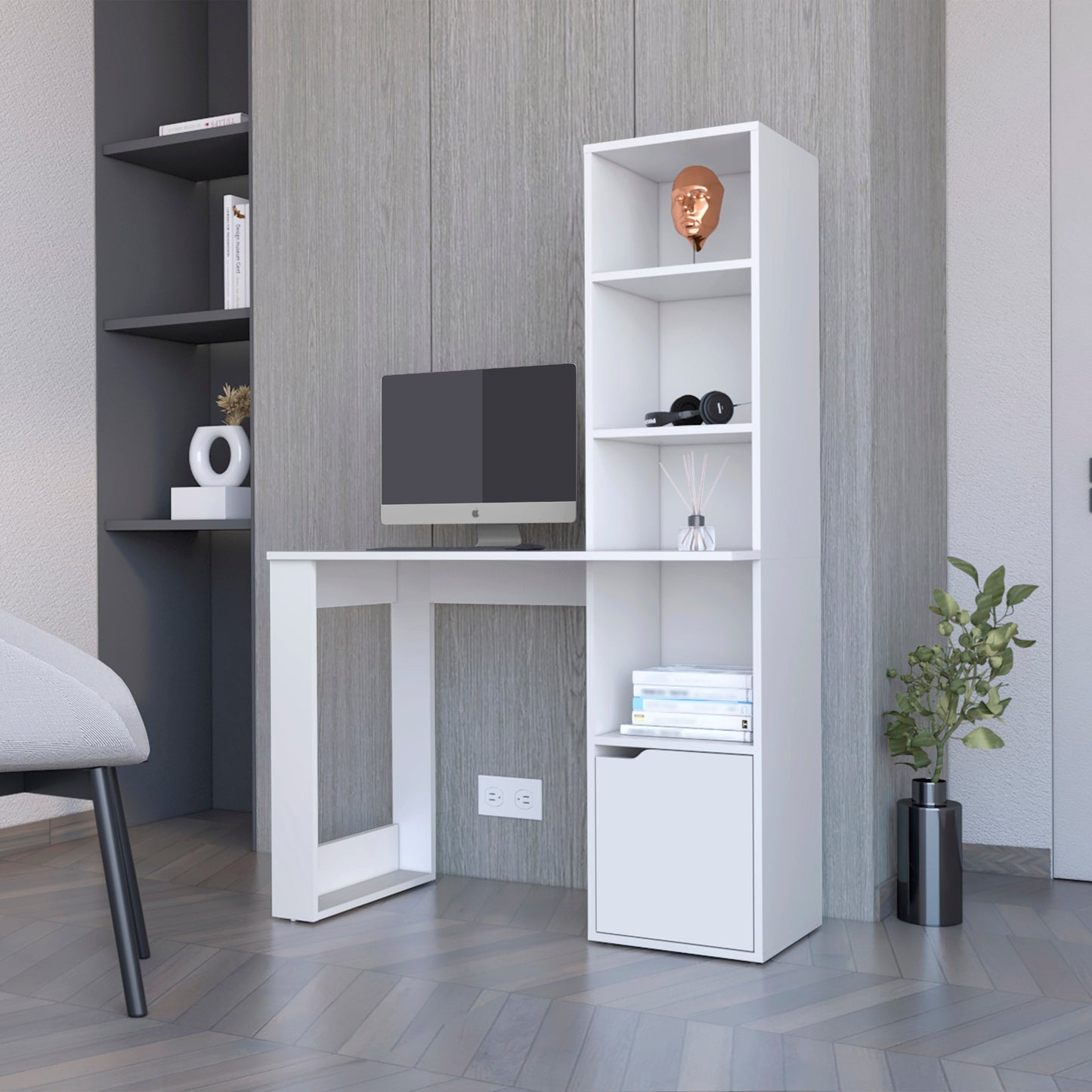 White minimalist computer desk with integrated shelving unit