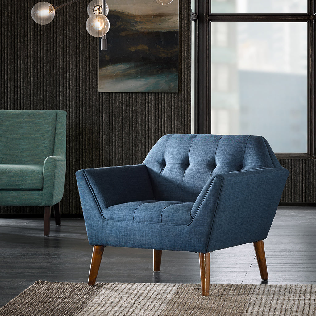 TREATLIFE HOME Mid-Century Modern Lounge Chair with Button Tufting, Upholstered Seat, Solid Wood Legs, Accent Color Blue