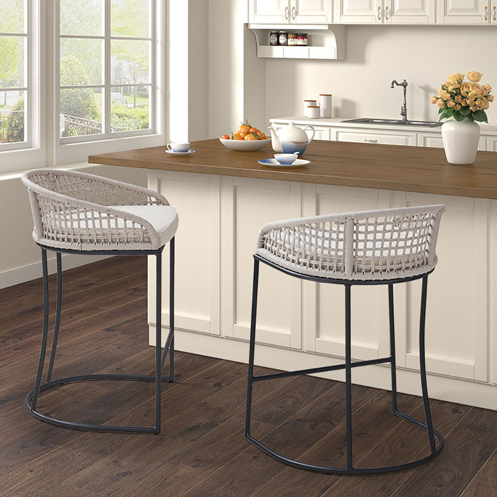 TREATLIFE HOME Woven Counter Stool 25-Inch Height, Upholstered Cushion with Woven Rope Back, Metal Base, Natural Color