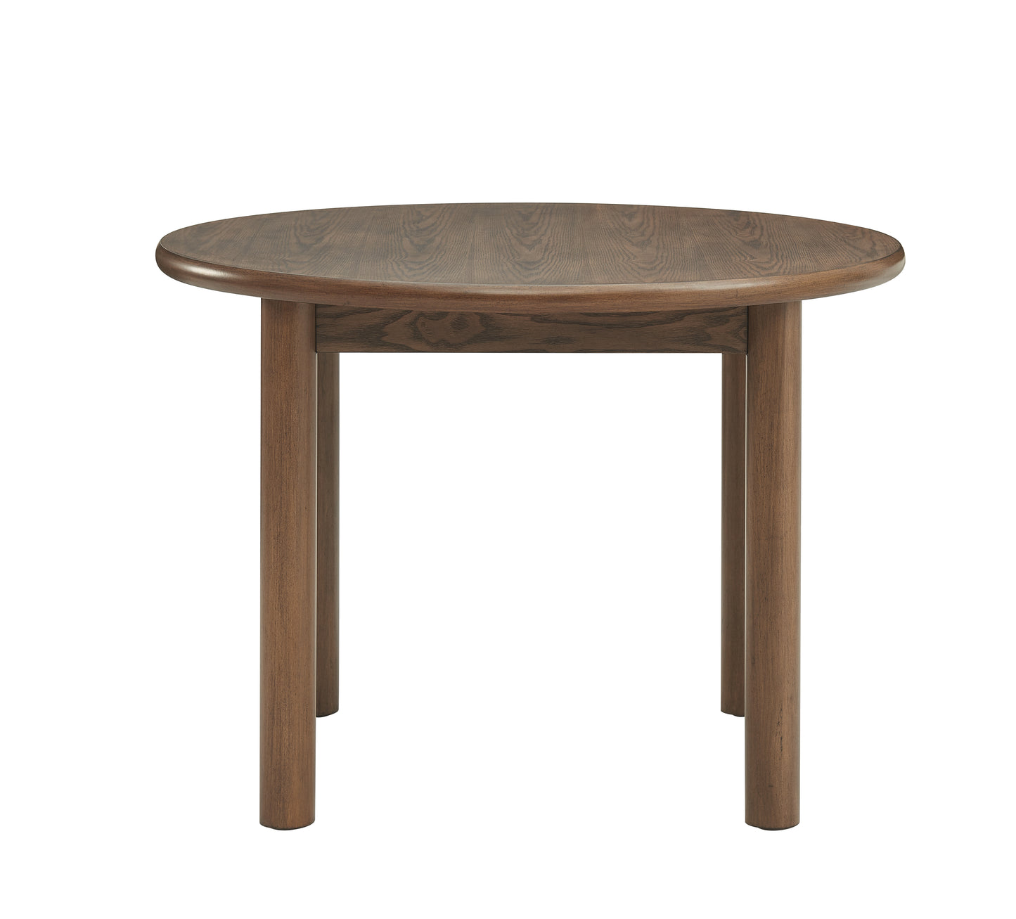 Round dark wood dining table with smooth edges perfect for small spaces