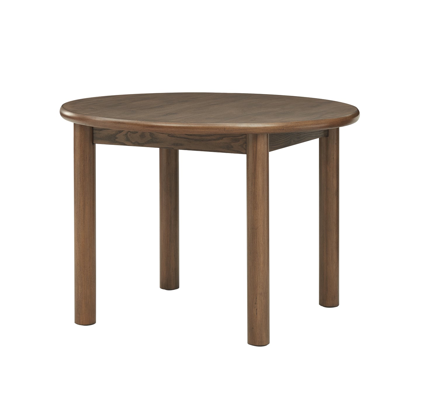 Round oak end table with natural wood grain