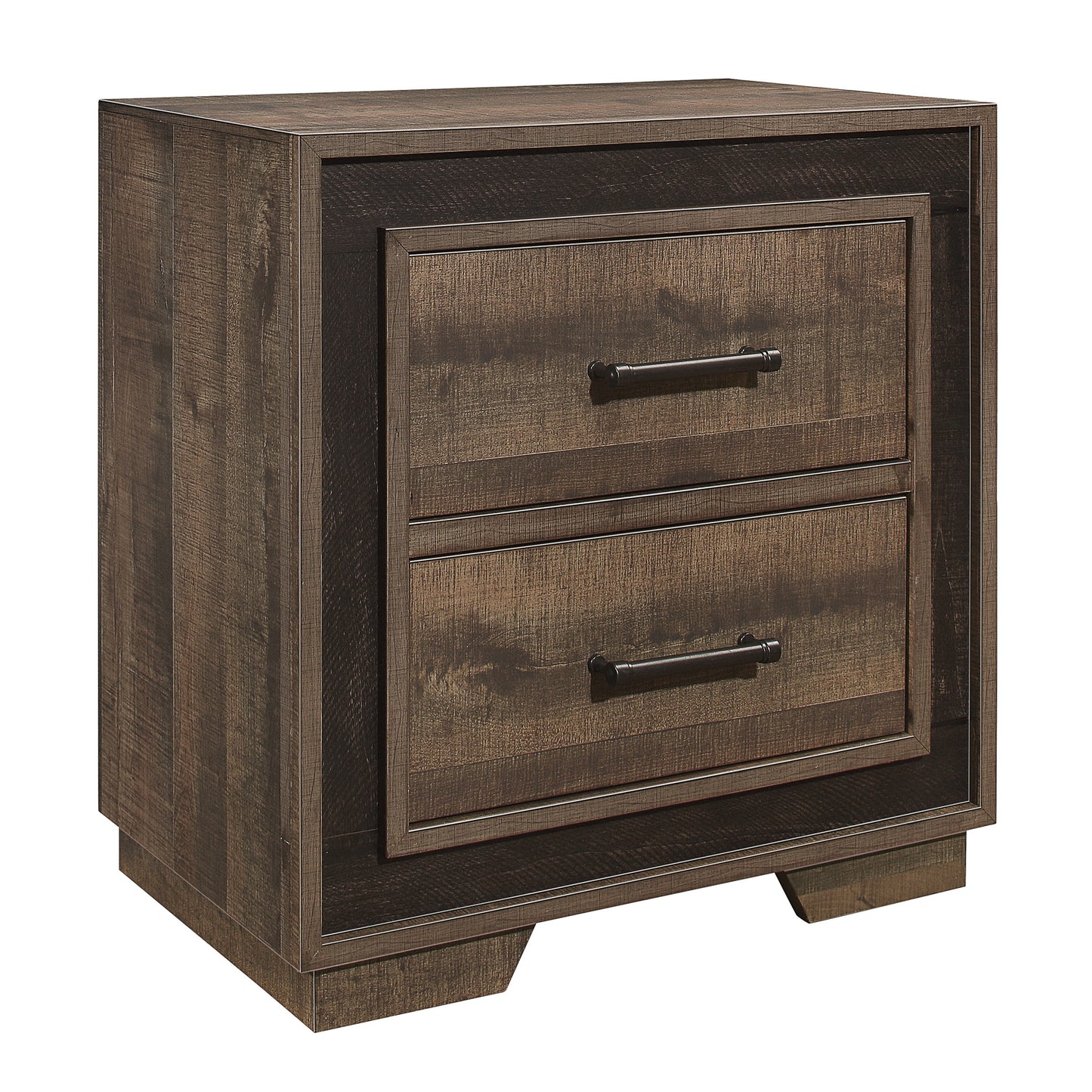 Rustic dark wood nightstand with two drawers and black metal hardware