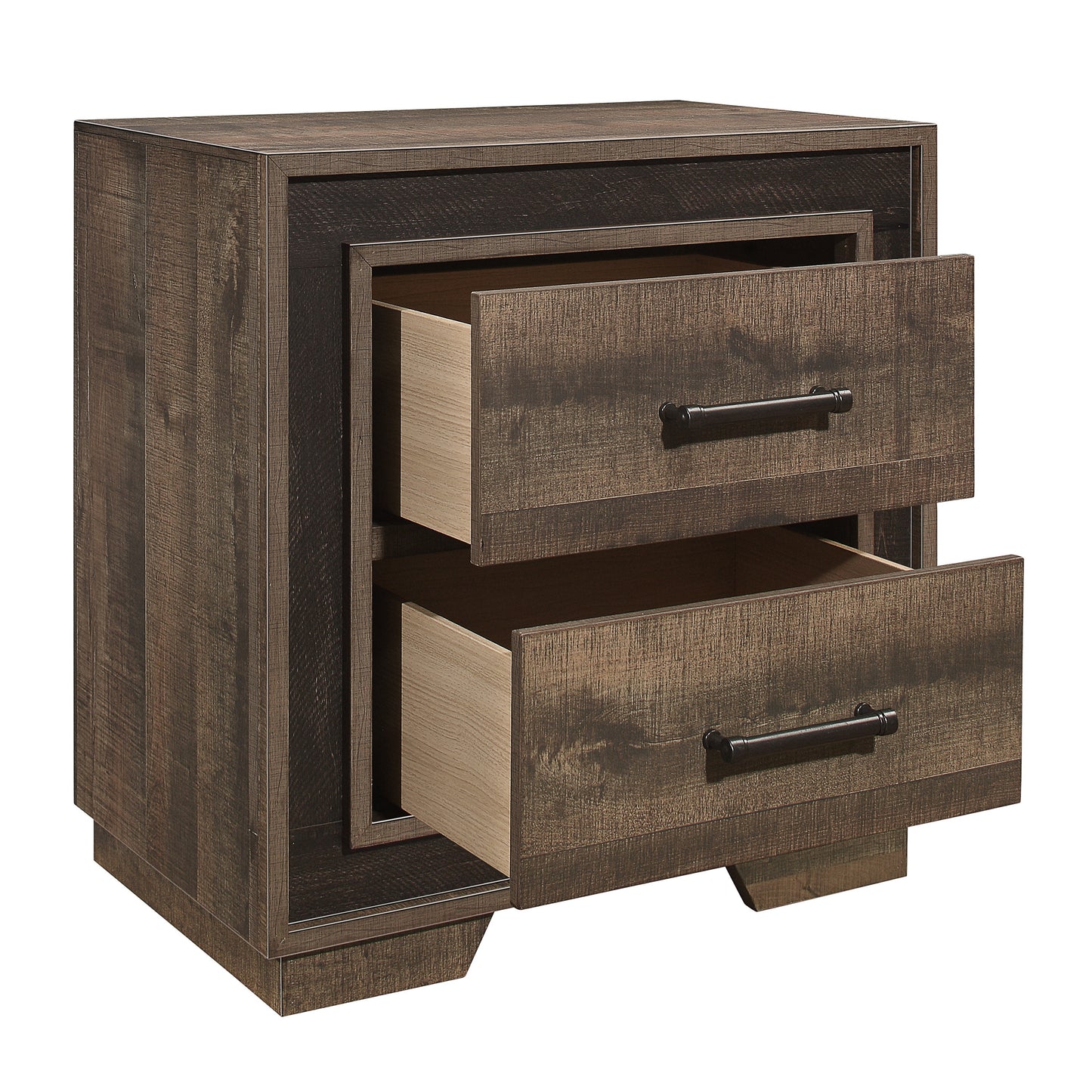 Rustic brown wooden nightstand with two drawers and dark metal handles