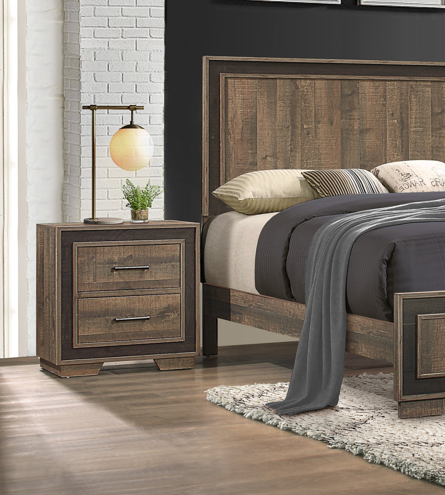 Rustic brown wood nightstand with two drawers