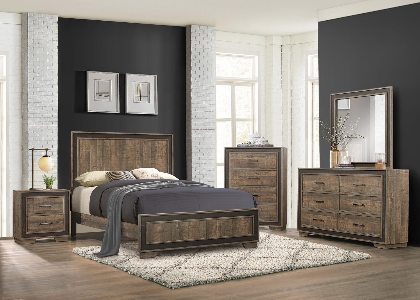 Rustic wood queen bed frame with dark grey upholstered headboard