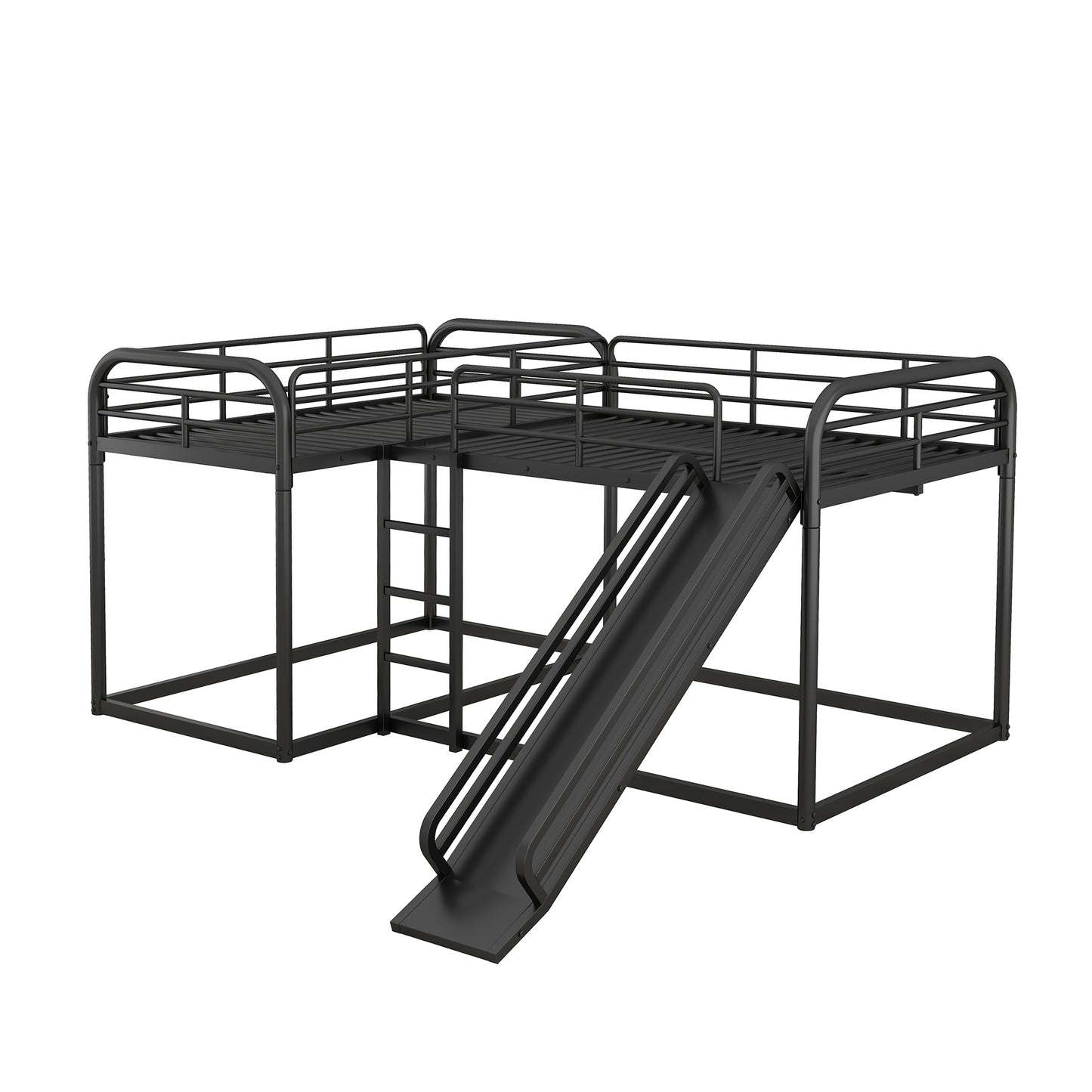 Black metal loft bed with integrated slide and ladder for kids