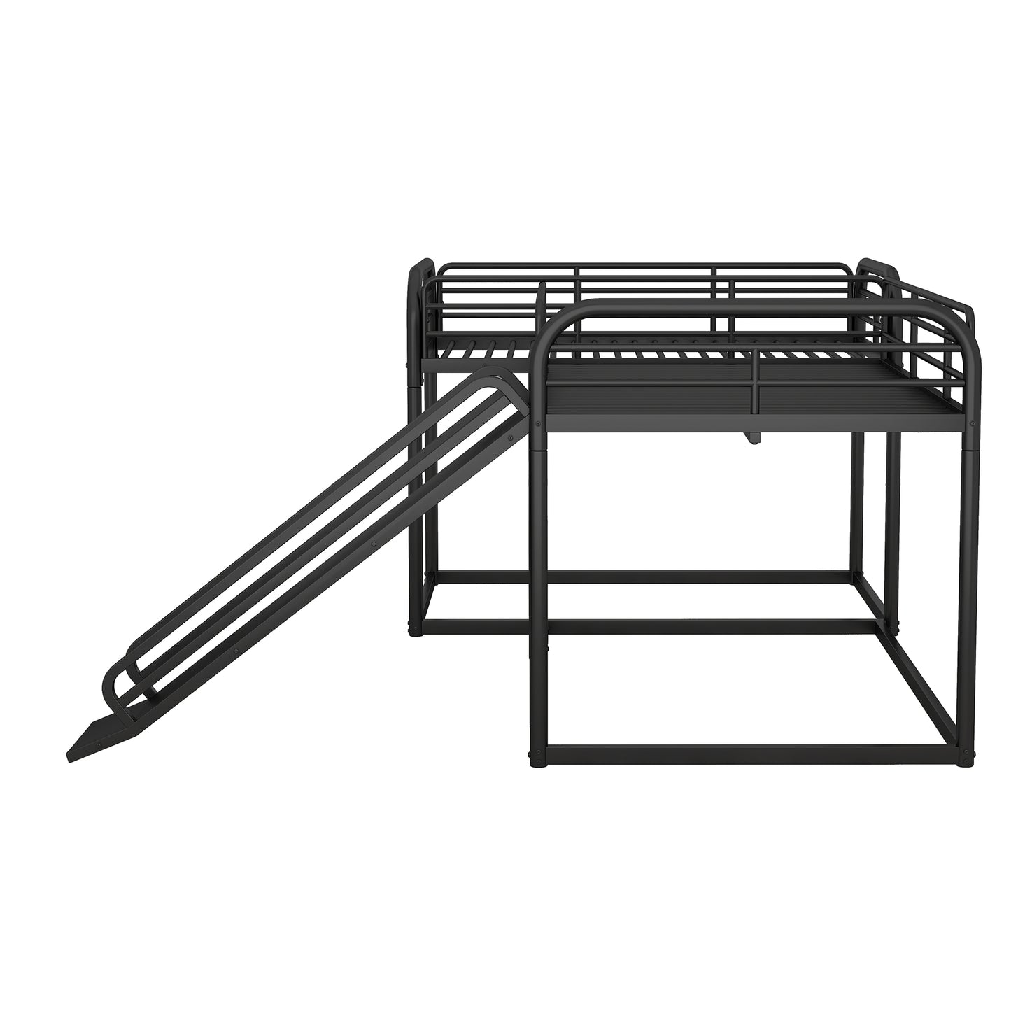 Black metal twin loft bed with slide and guardrails