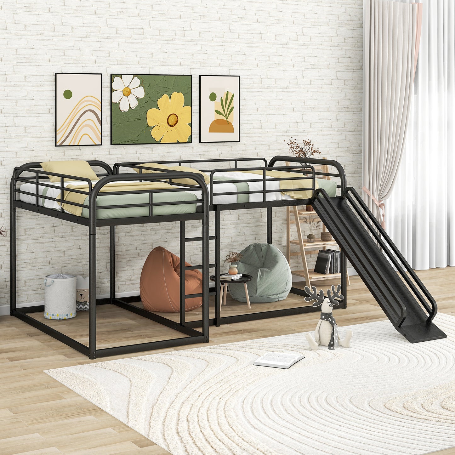 Black metal twin over twin bunk bed with slide