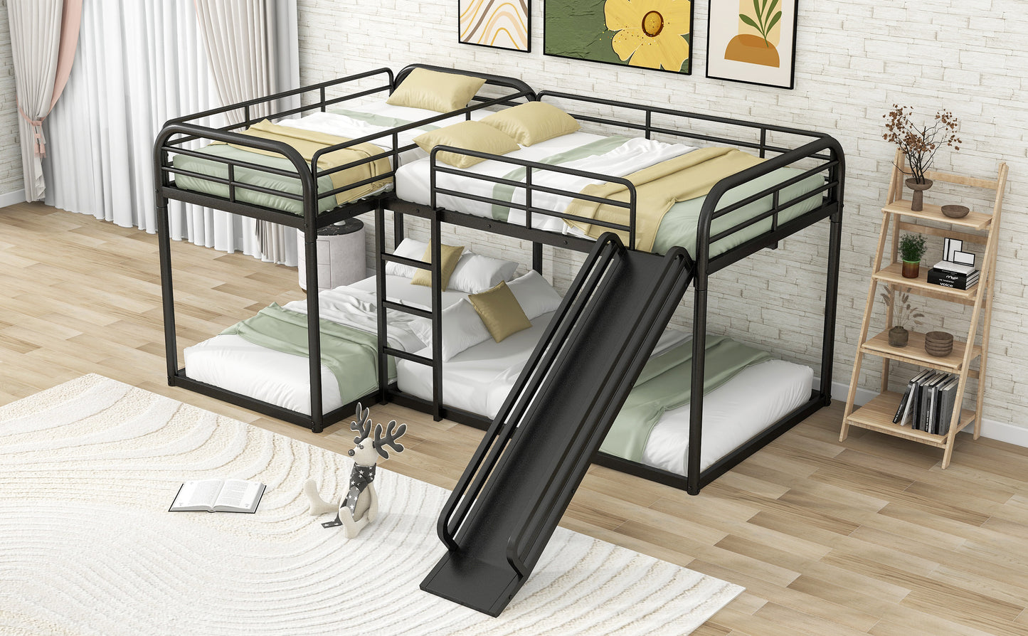 Black metal triple bunk bed with slide for kids