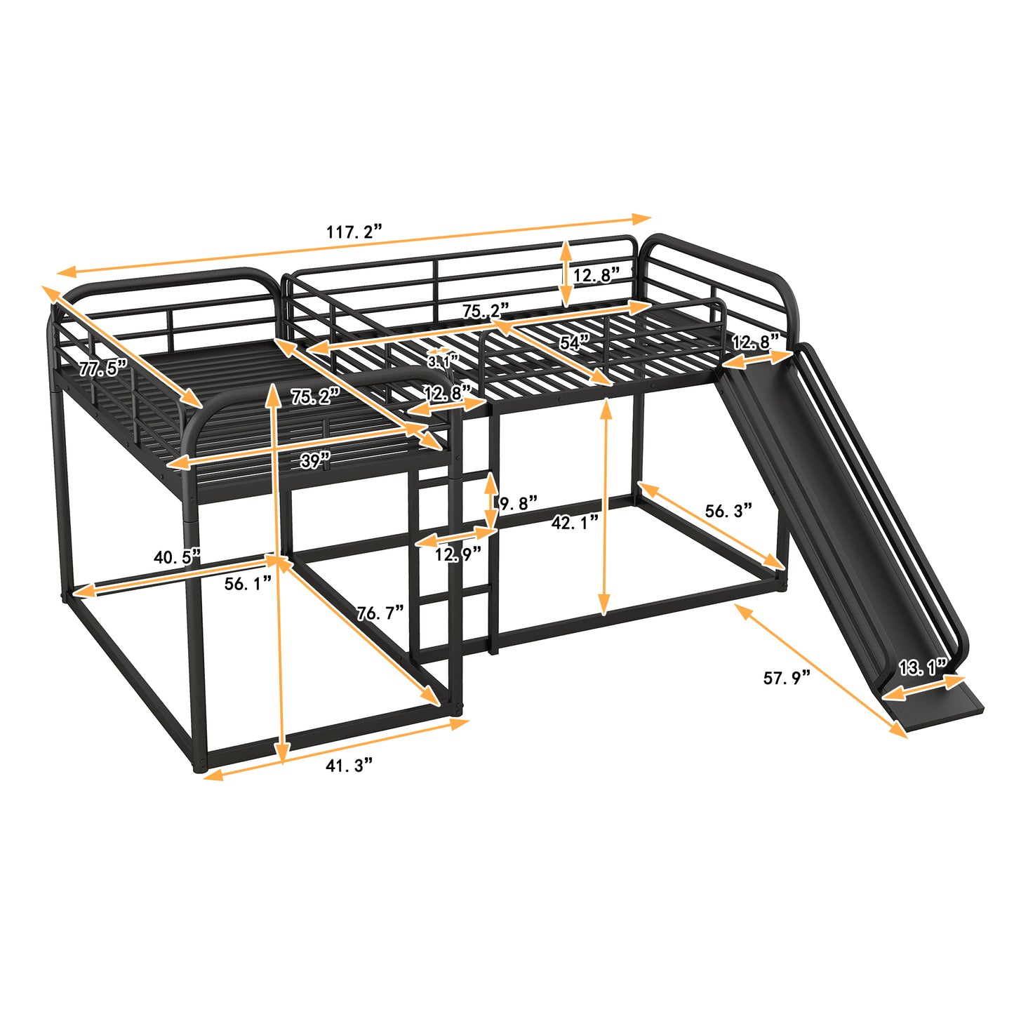 Black metal twin over twin bunk bed with slide and dimensions