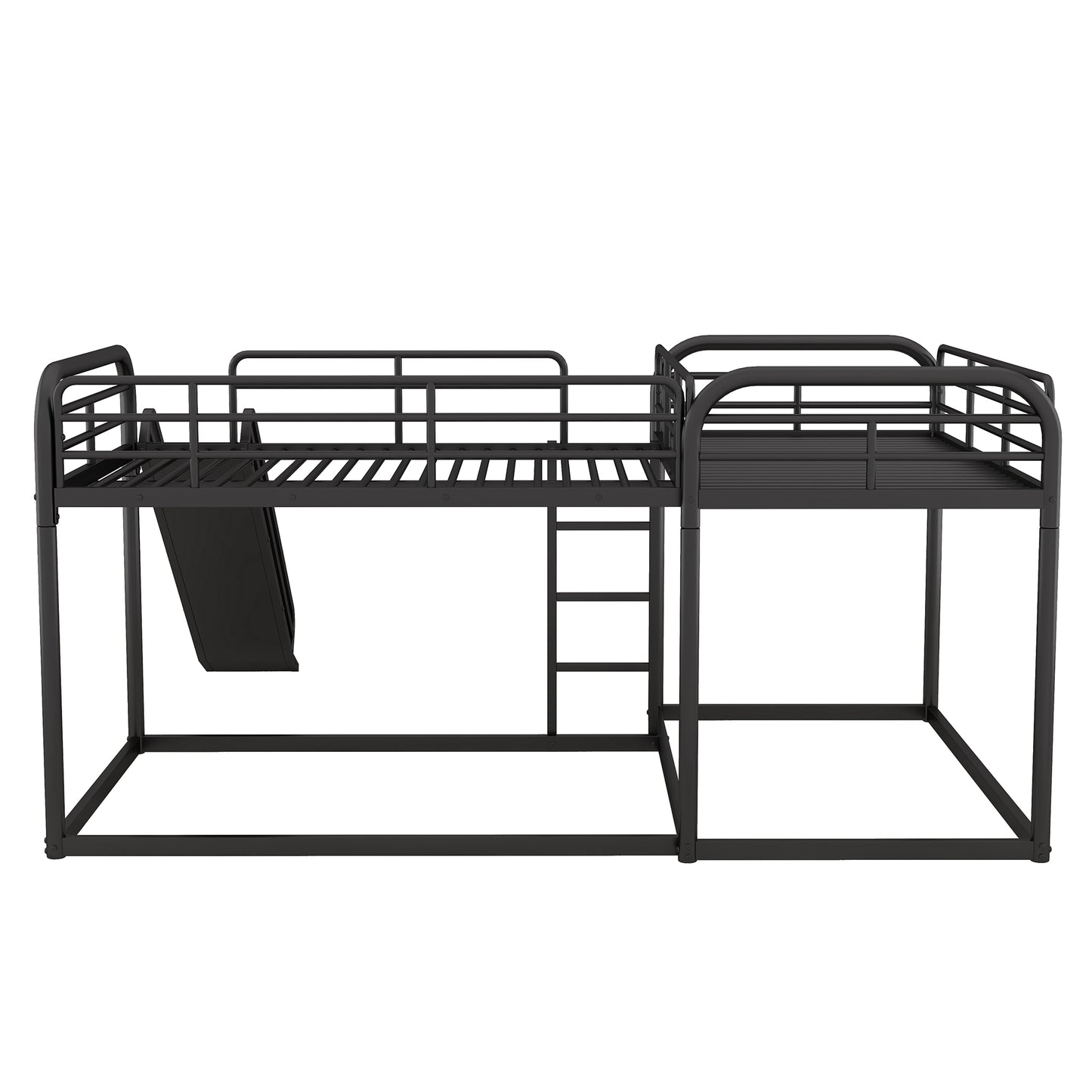 Black metal twin loft bed with attached slide and ladder