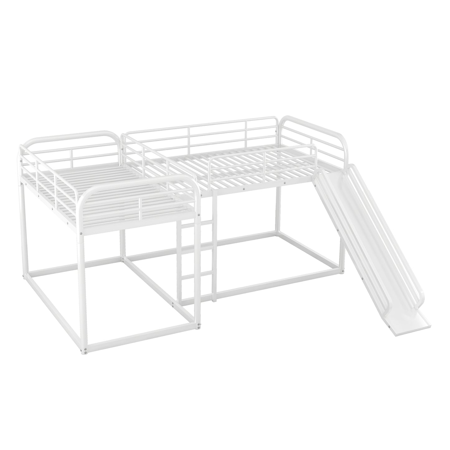 White metal twin over twin bunk bed with slide and ladder