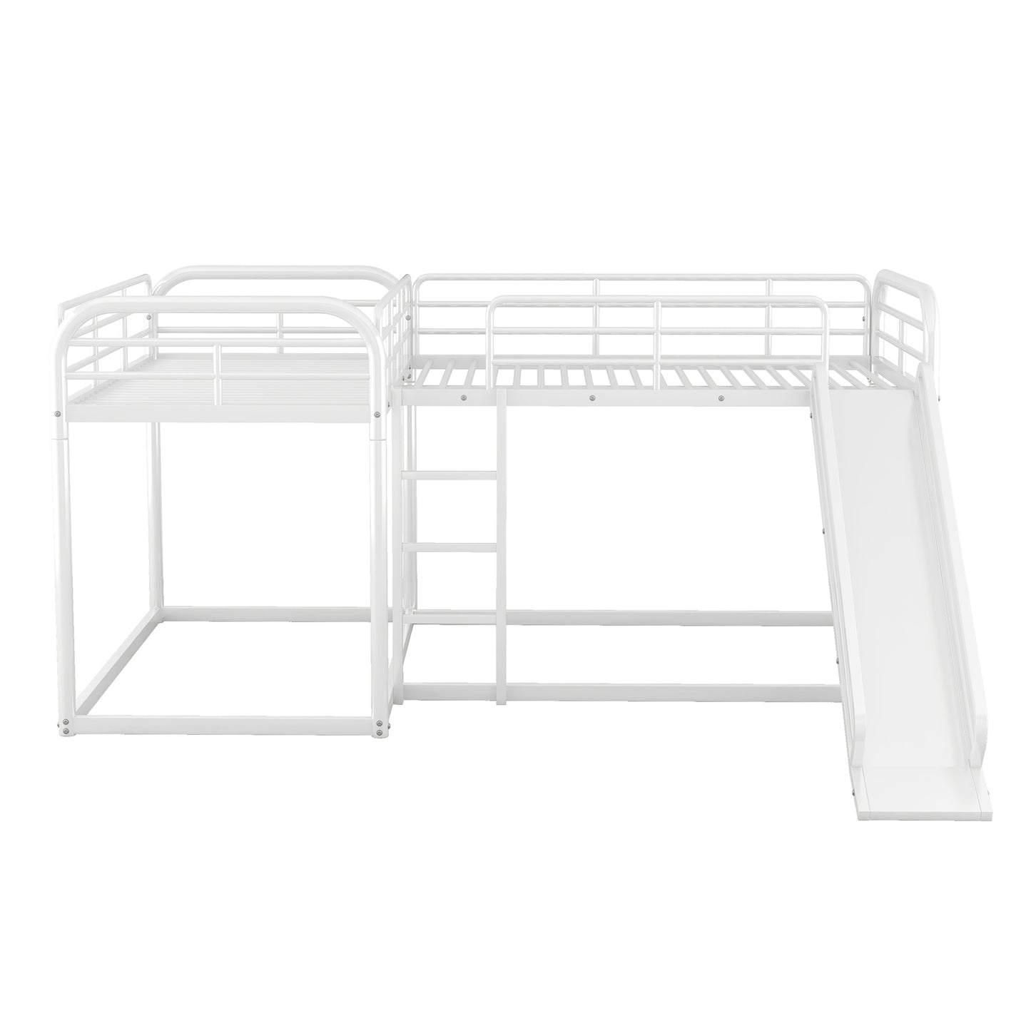 White metal twin over twin bunk bed with ladder and slide for kids