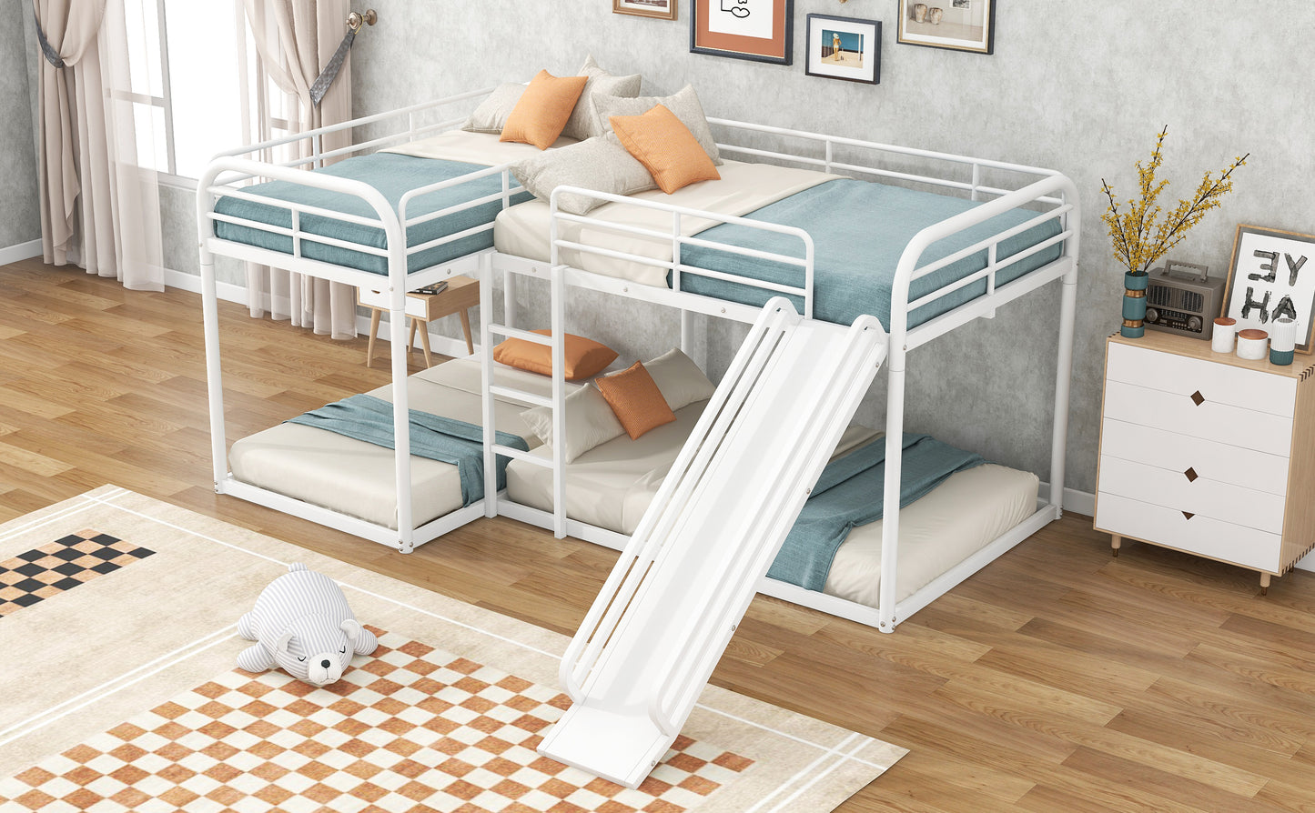 White metal triple bunk bed with slide for kids