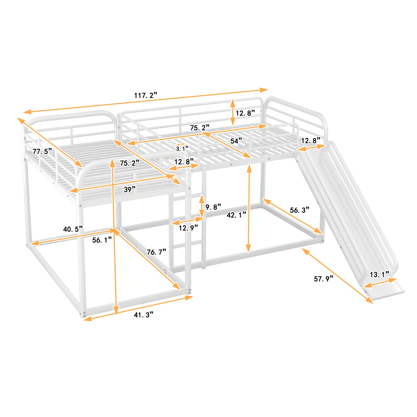 White metal bunk bed with slide and ladder
