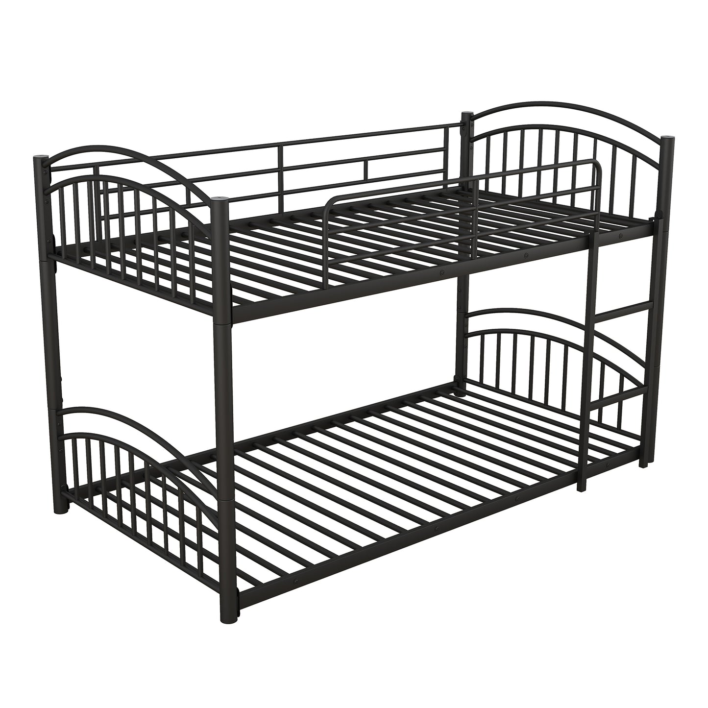 Black metal bunk bed with curved headboards and footboards