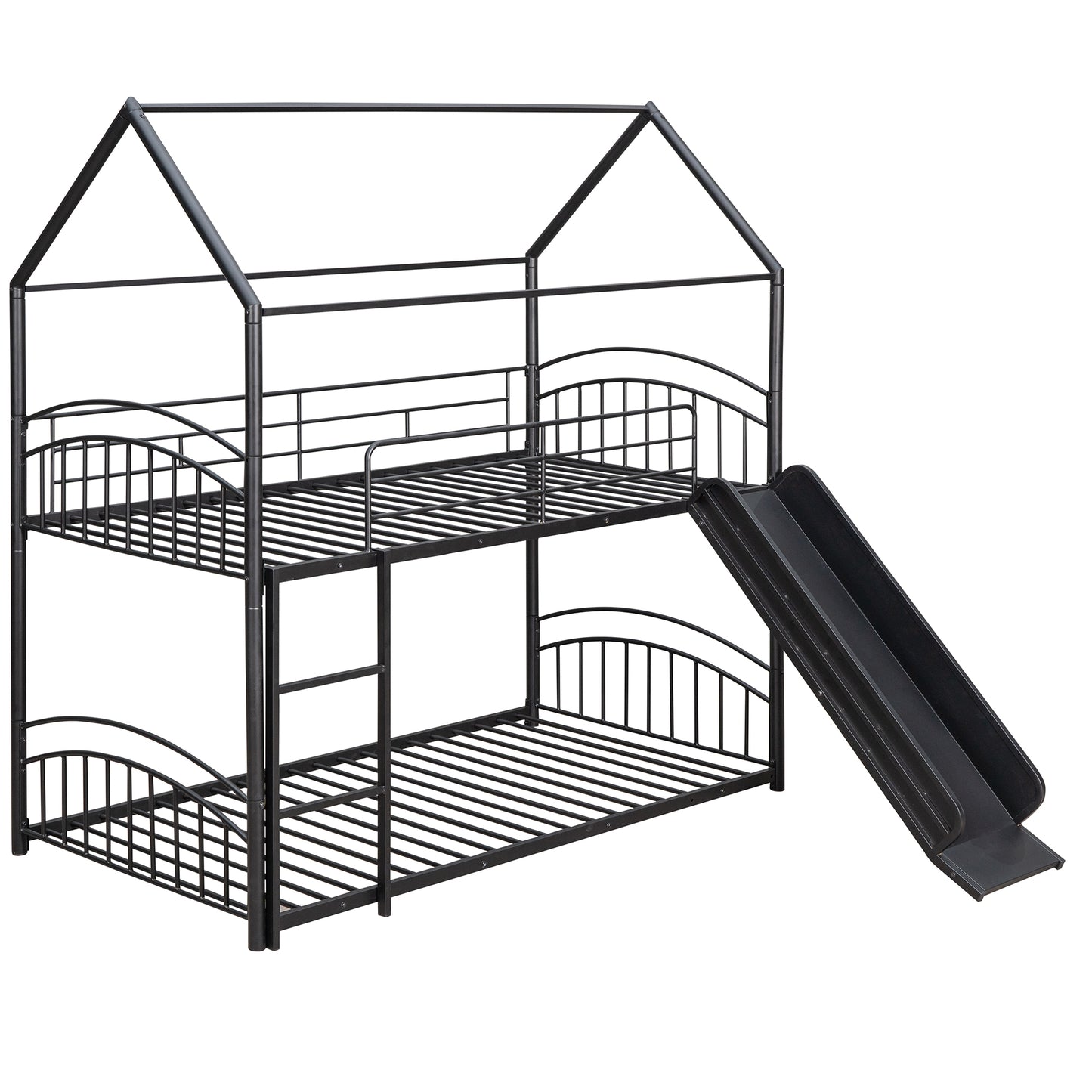 Black metal twin over twin bunk bed with house frame and slide