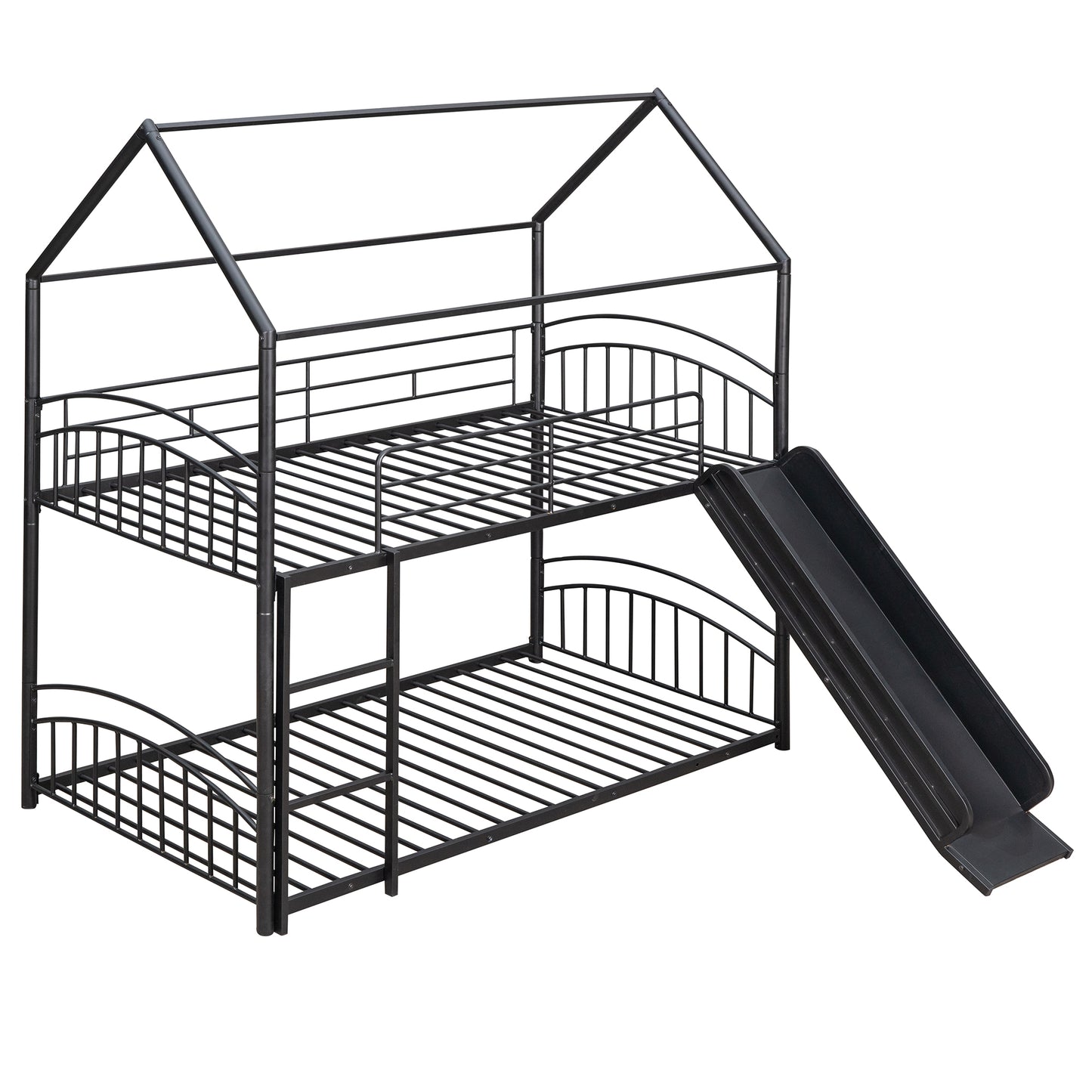 Black metal twin over twin bunk bed with house frame and slide