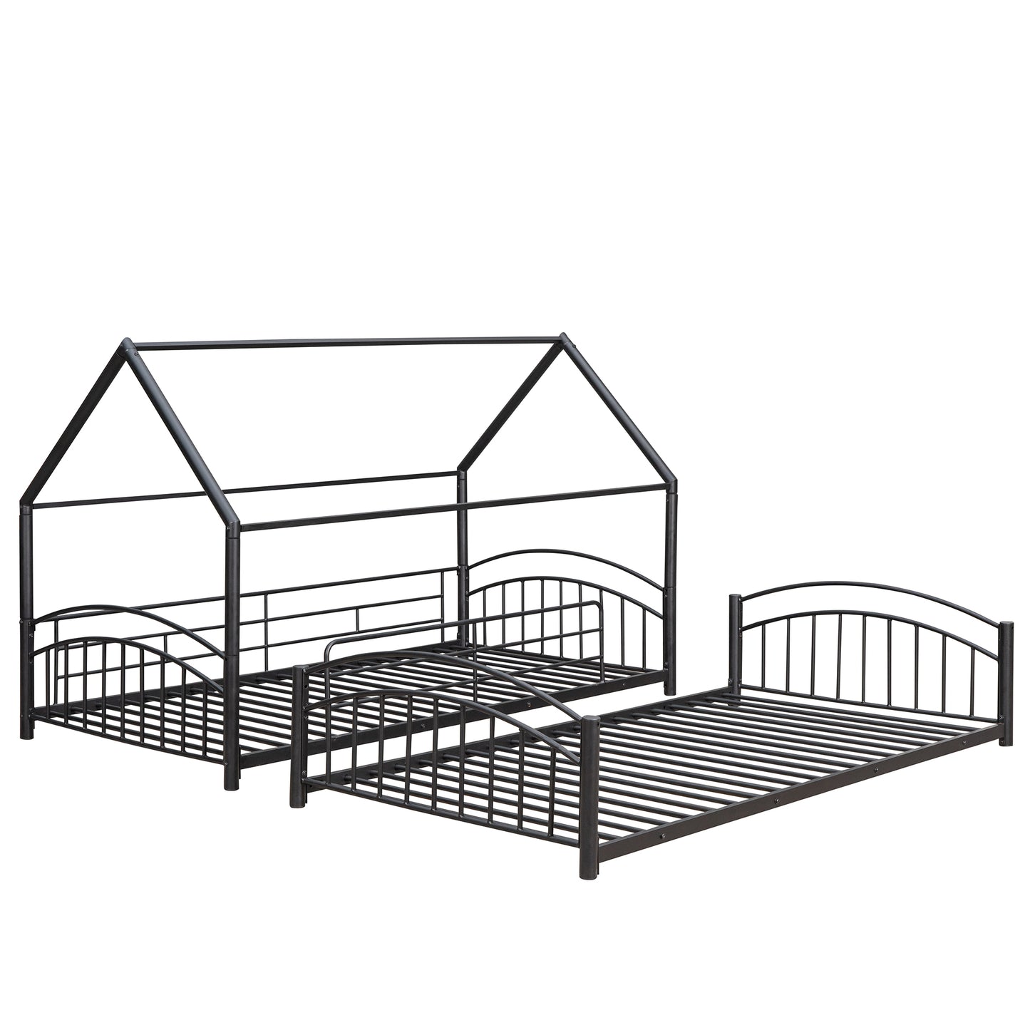 Black metal twin house bed frame with pullout trundle for childrens bedroom