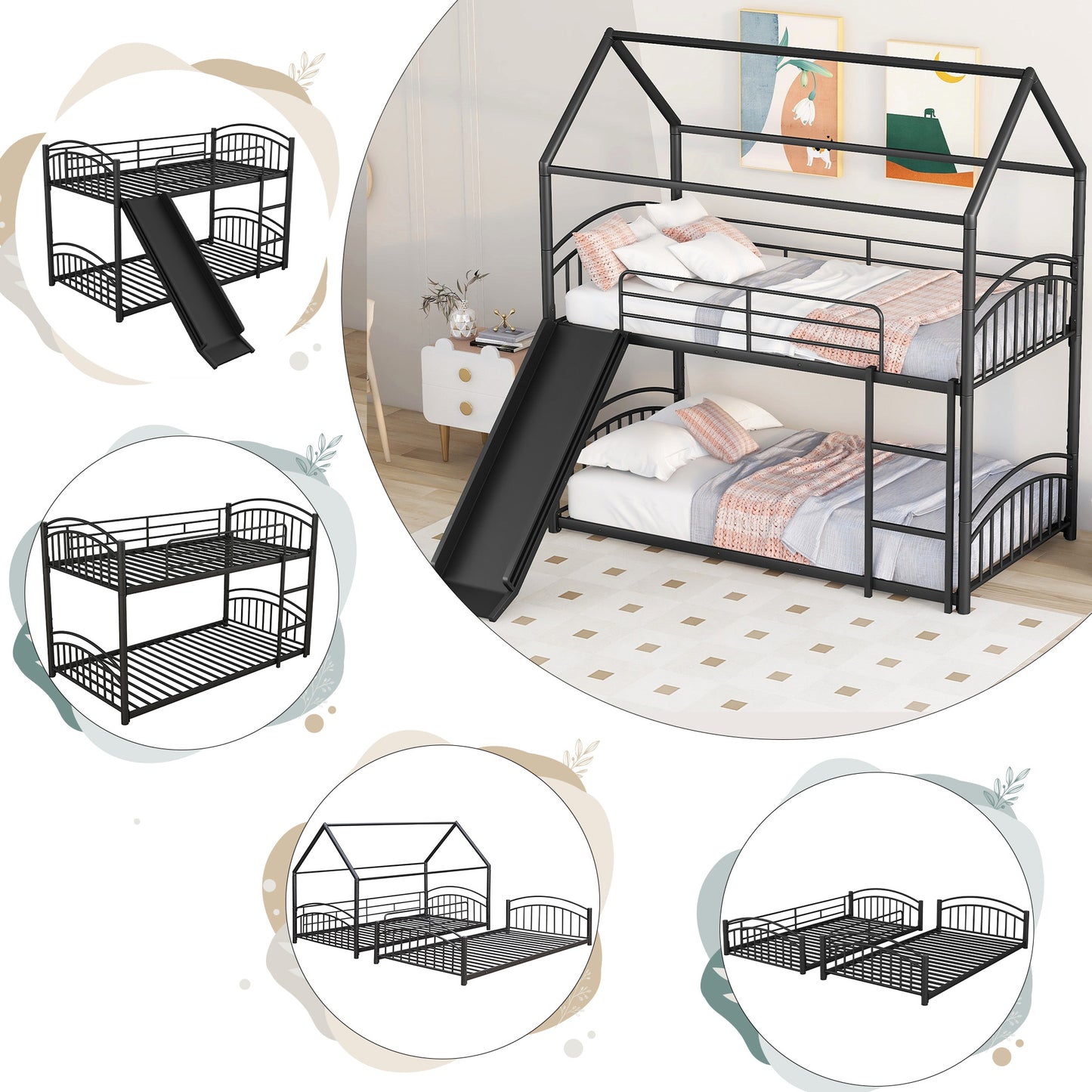 Black metal twin over twin bunk bed with slide
