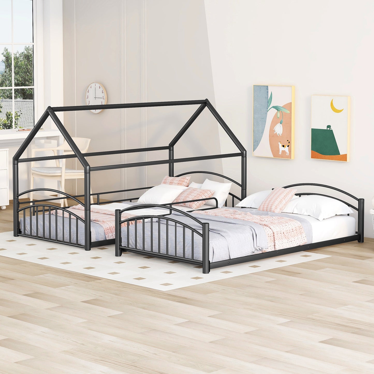 Black metal twin over twin bunk bed with house frame