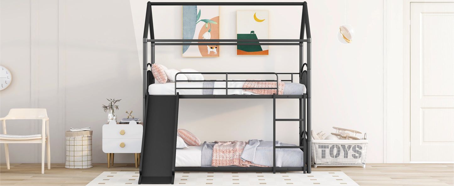 Black metal twin over twin bunk bed with slide and house frame