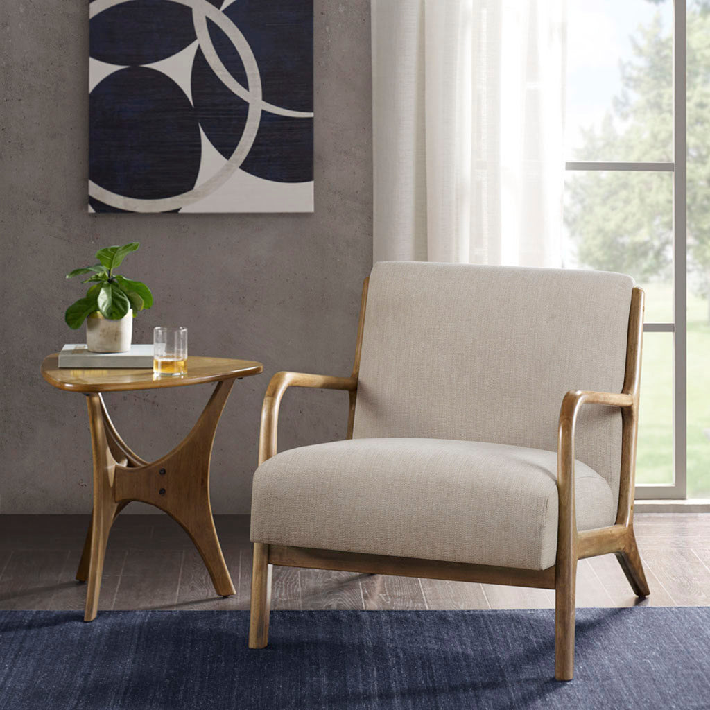 TREATLIFE HOME Mid-Century Modern Lounge Chair with Upholstered Seat and Elm Wood Frame, Cream